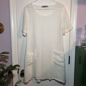 FLAX Tee Tunic Linen Shirt White Women's Small Pockets Oversized Shift Dress